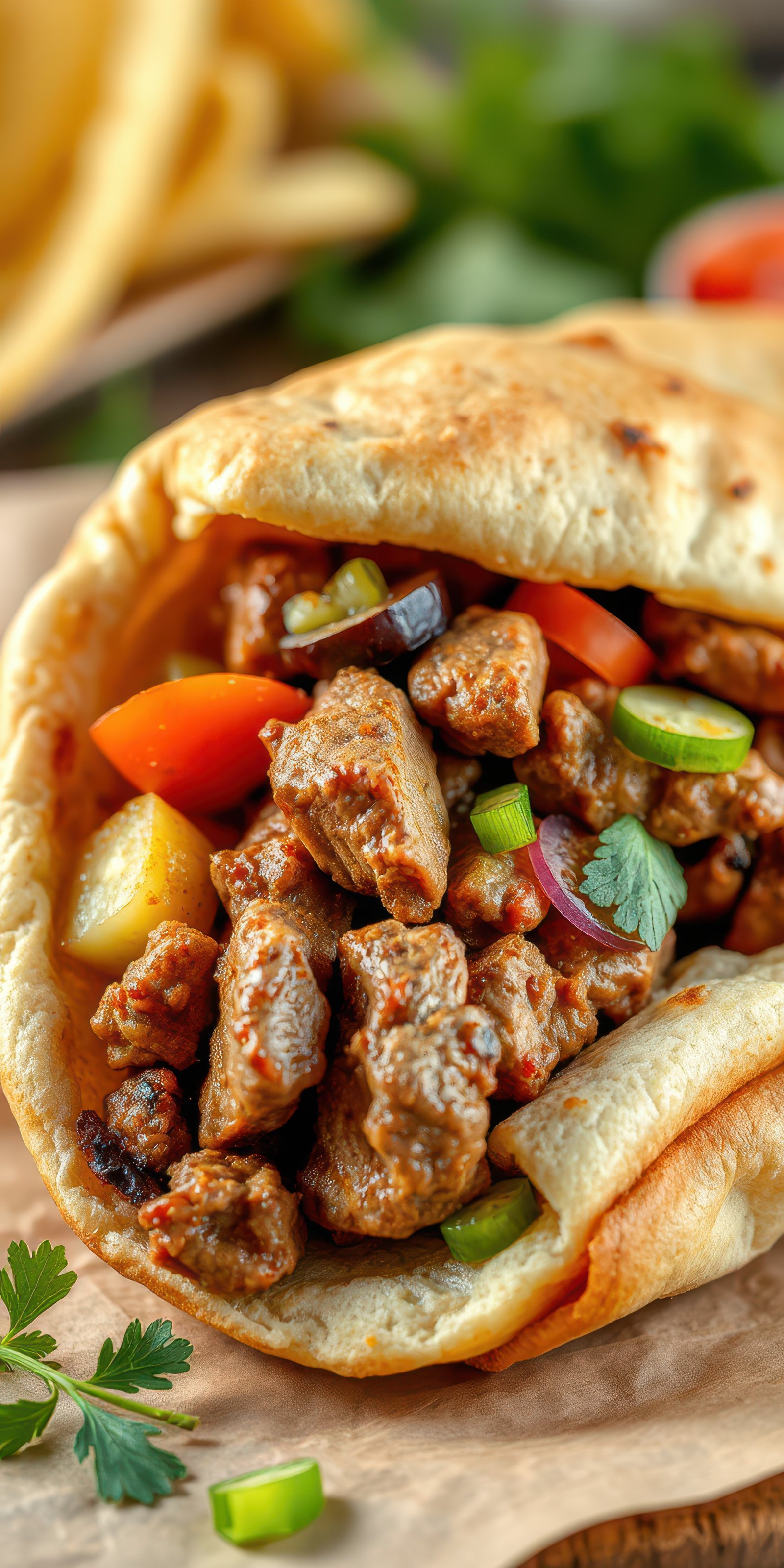 Savory grilled meat wrapped in soft pita with fresh vegetables on a rustic wooden table